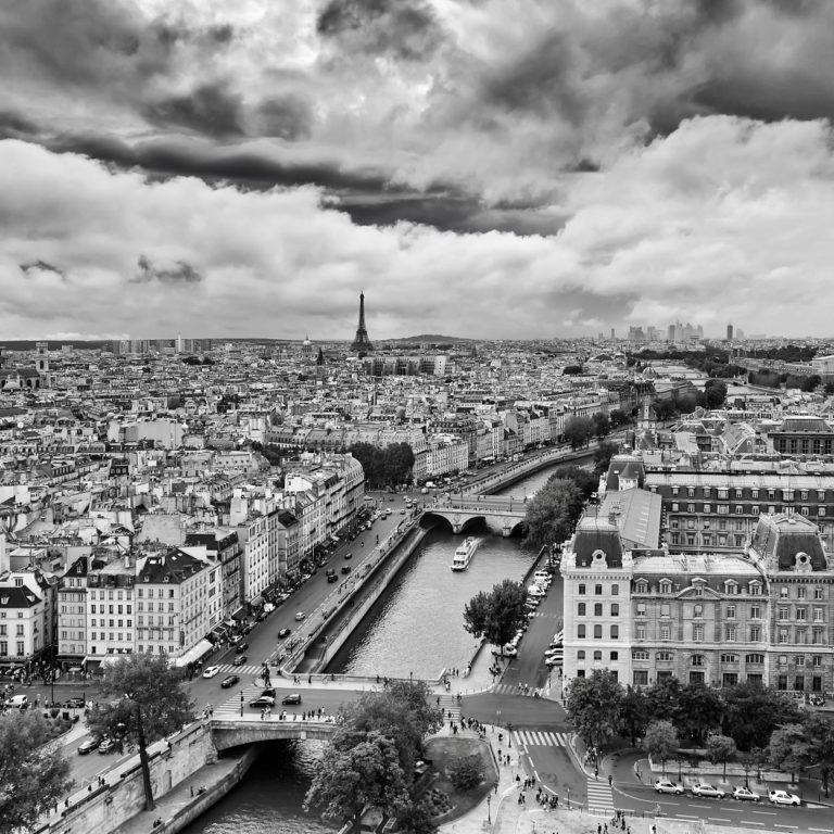 Black and White Panorama of Paris with the Seine River