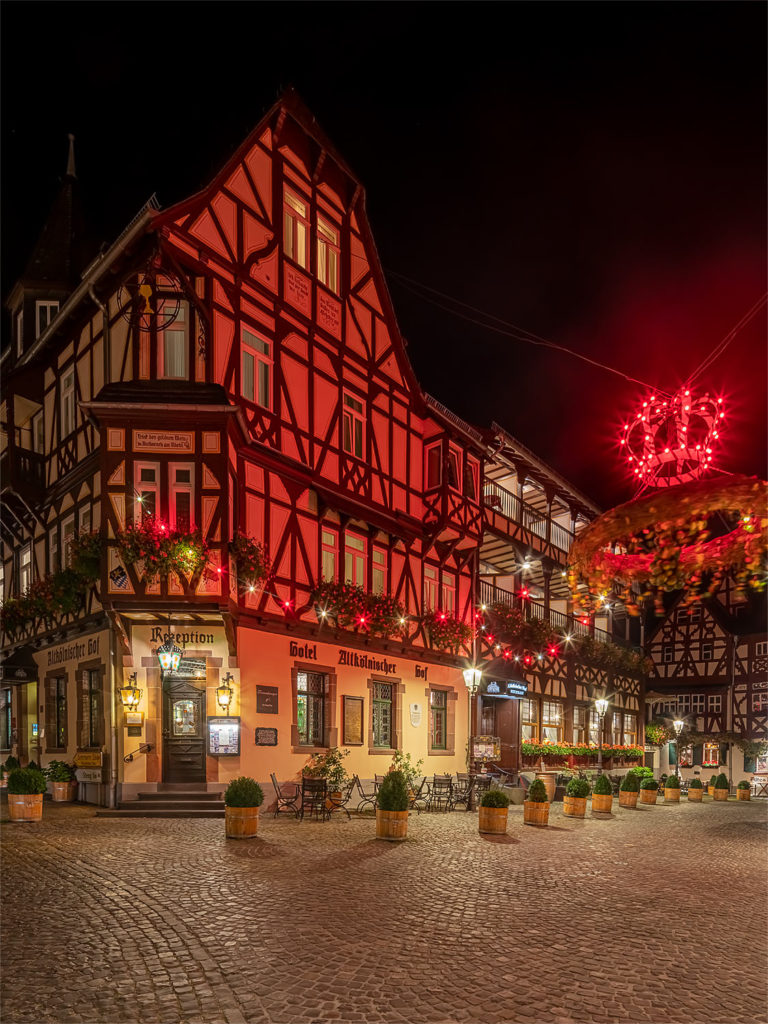 Bacharach, Germany - Nighttime View of Half-timbered Buildings in the Centre of the Town