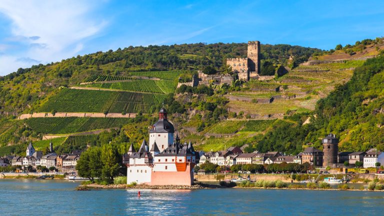 Kaub, Germany - Pfalzgrafenstein Castle and Gutenfels Castle in the Upper Middle Rhine Valley. UNESCO World Heritage Site.