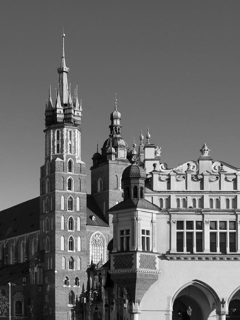 Krakow, Poland - St. Mary's Basilica and the Cloth Hall in Black and White
