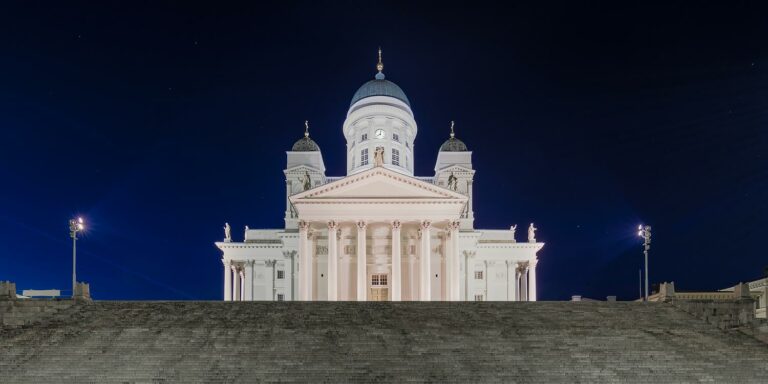 Helsinki, Finland - Illuminated Cathedral on Senate Square in the Dead of Night